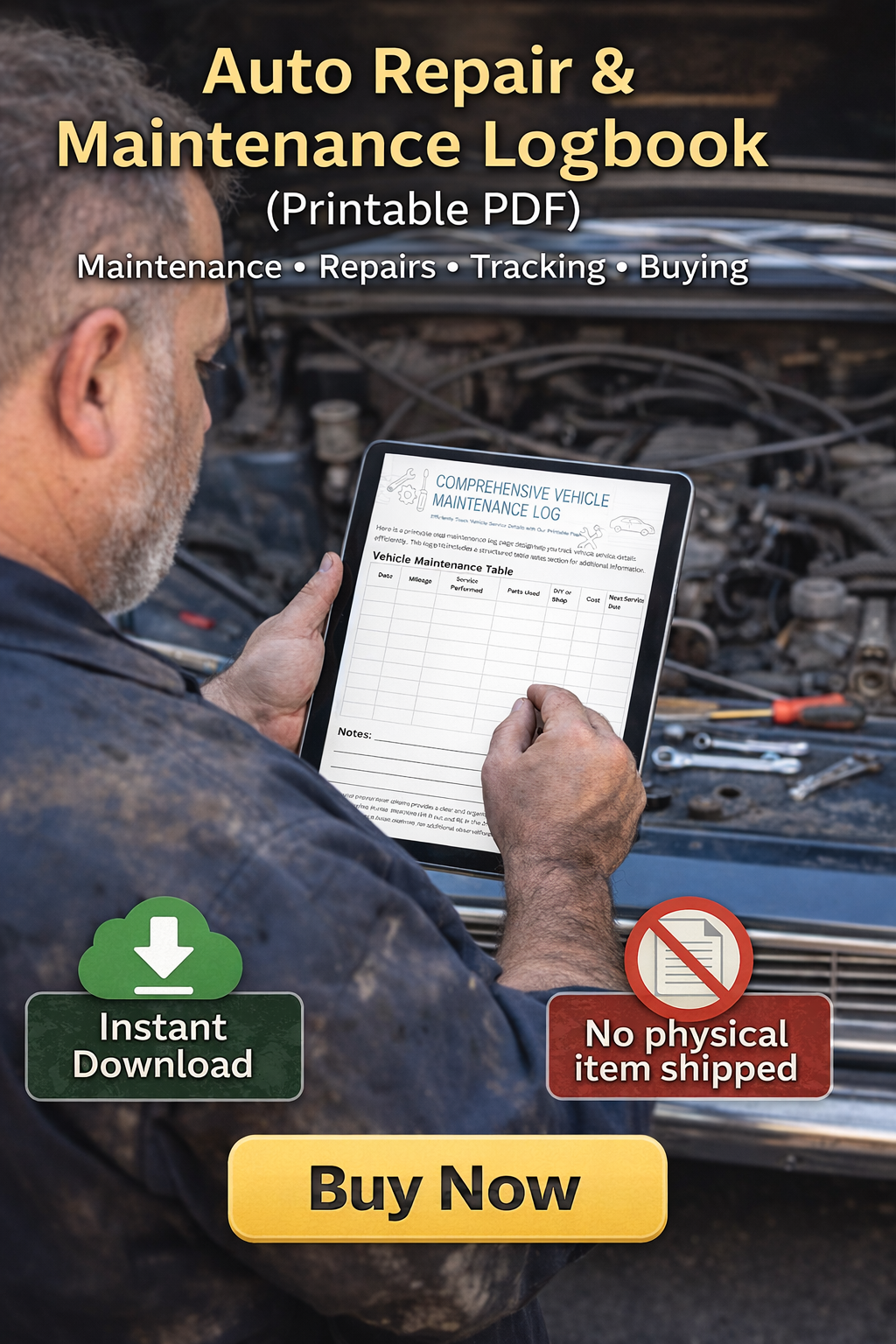 Auto Repair & Maintenance Logbook (Printable PDF) Mileage Tracker product image