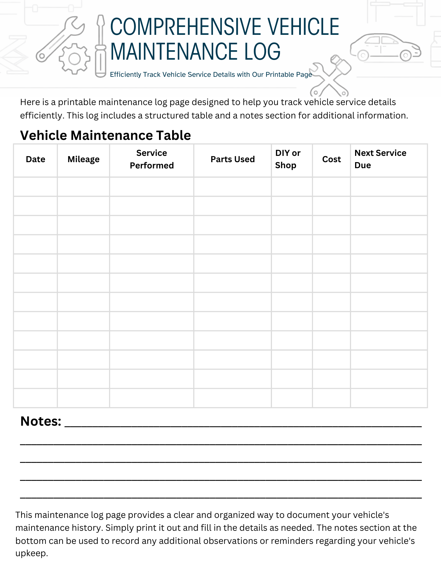 Auto Repair & Maintenance Logbook (Printable PDF)   Mileage Tracker preview 3