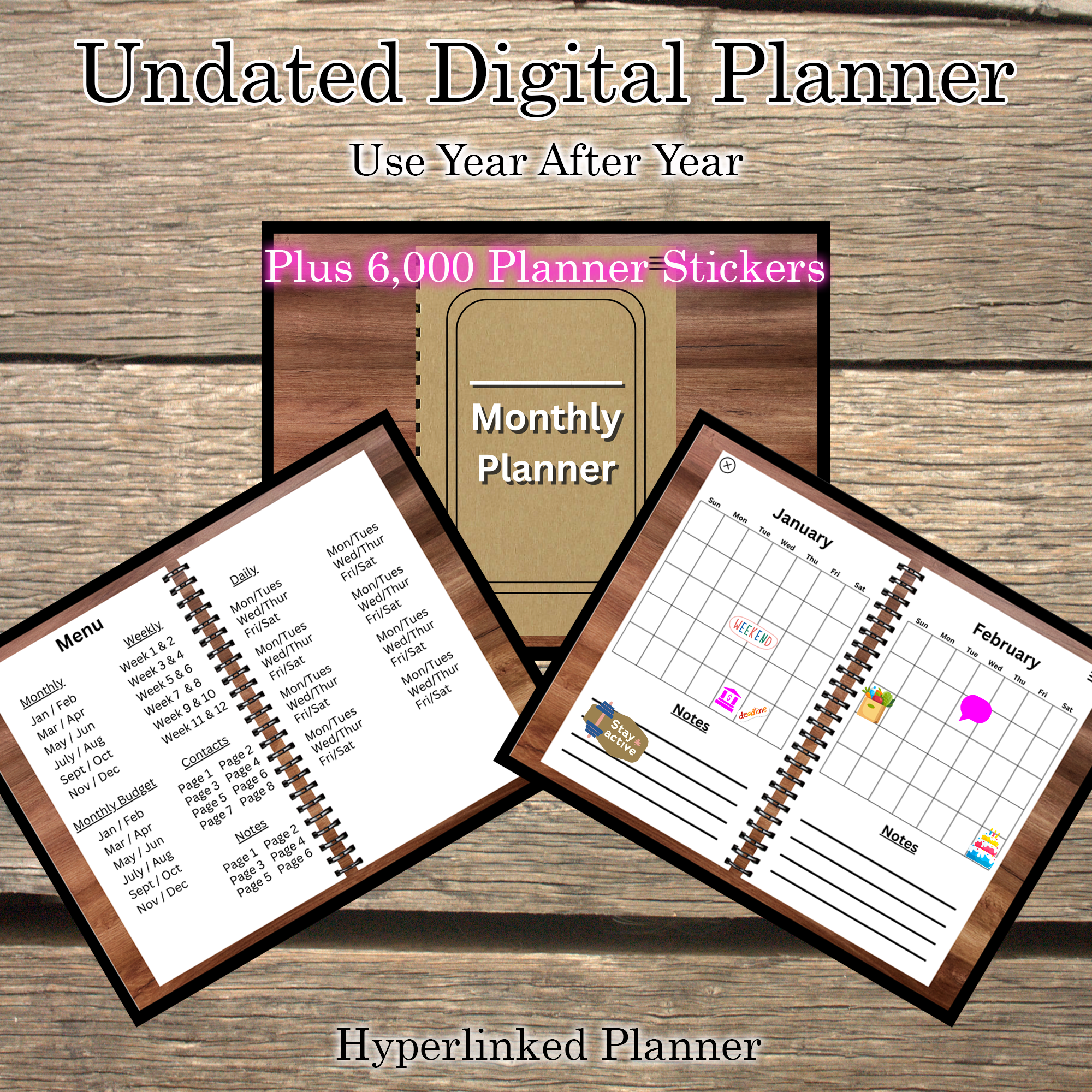 Undated Hyperlinked Digital Planner + 6,000 Stickers product image