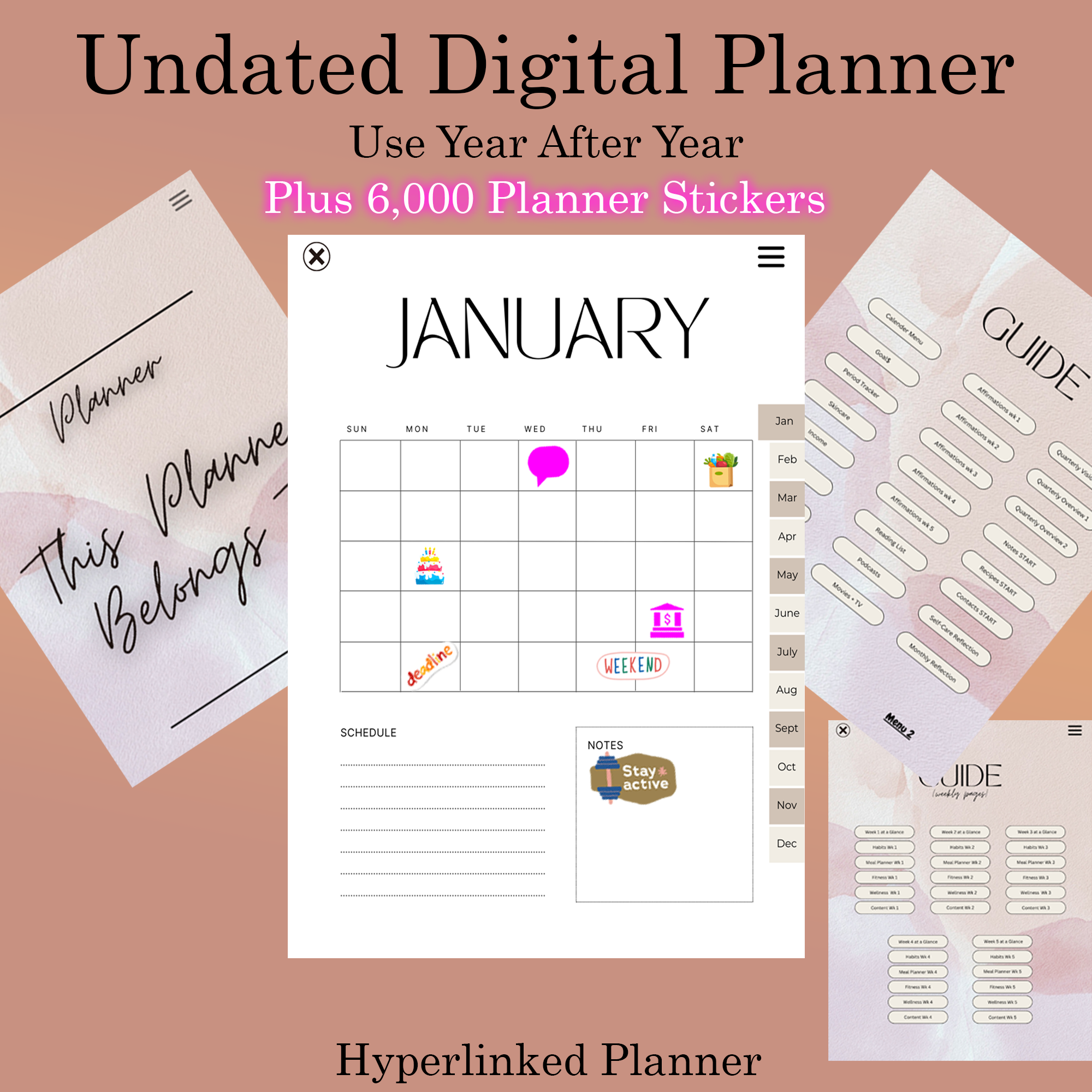 Undated Digital Planner (Hyperlinked PDF) + 6,000 Stickers product image