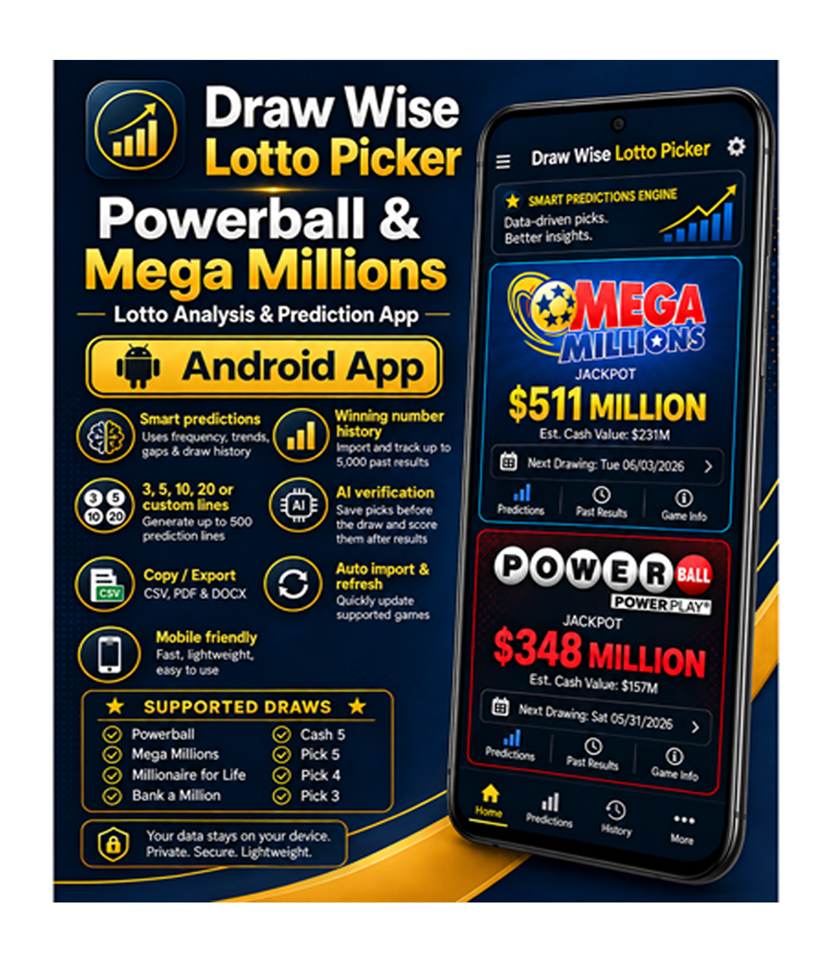 Draw Wise Lotto Picker Android App | Powerball, Mega Millions & AI Lottery Number Analysis product image 1